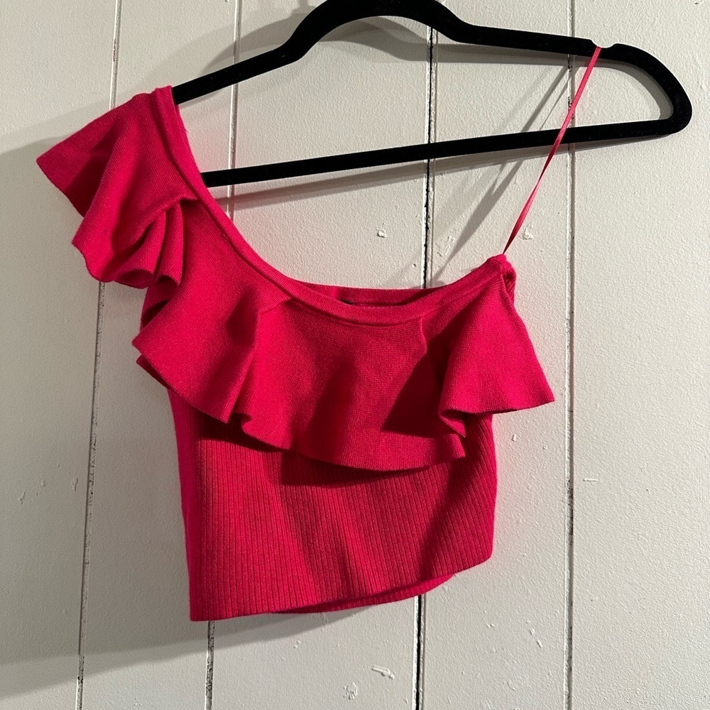 Express Vibrant Pink Ruffle Crop Top one shoulder